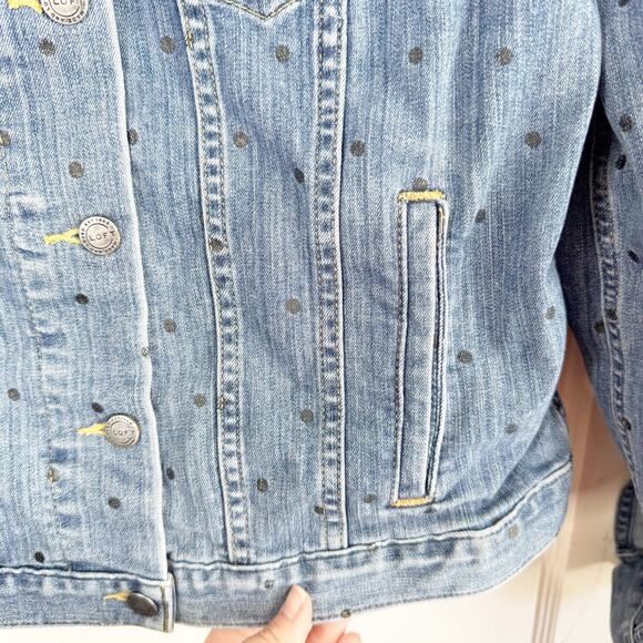LOFT Collared Long Sleeve Polka Dot Denim Jacket Stretch Size Large L Preppy - Picture 8 of 12